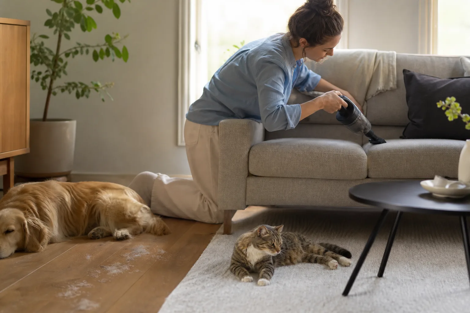 Hund och katt i vardagsrum med djurhår på golv, matta och soffa