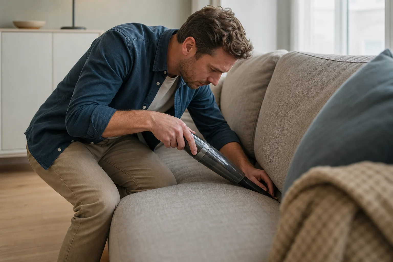 Person tar smulor ur en soffspringa med en liten generisk handdammsugare