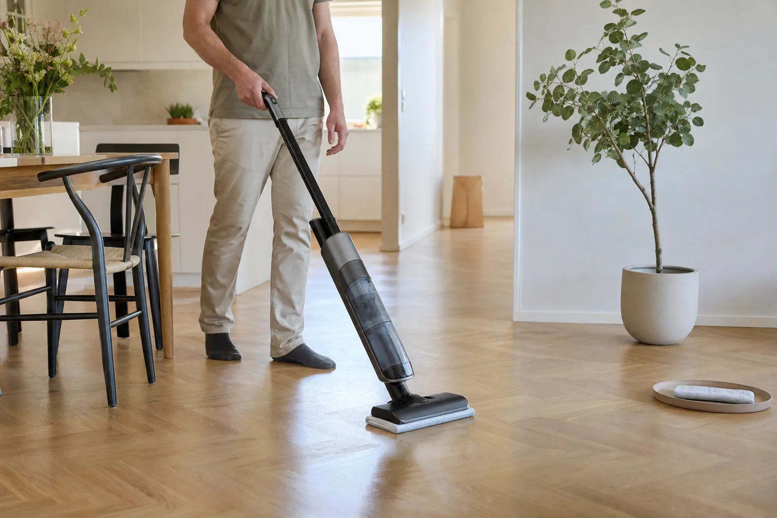 Generisk skaftapparat våttorkar ett hårt golv med en fuktad moppdyna