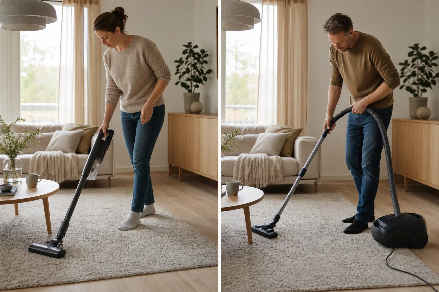 Samma vardagsrum städas med sladdlös skaftdammsugare och vanlig dammsugare med sladd
